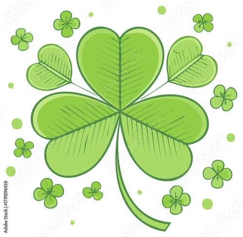 Illustration of Green Shamrocks with Four Leaf Clovers and Confetti for Saint Patrick's Day