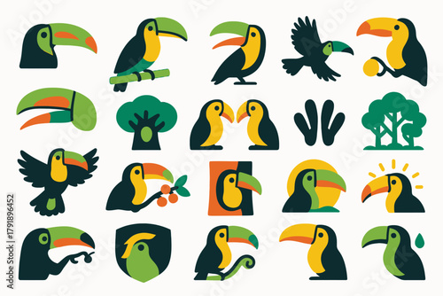 Keel billed Toucan and Tropical Nature Icons Collection