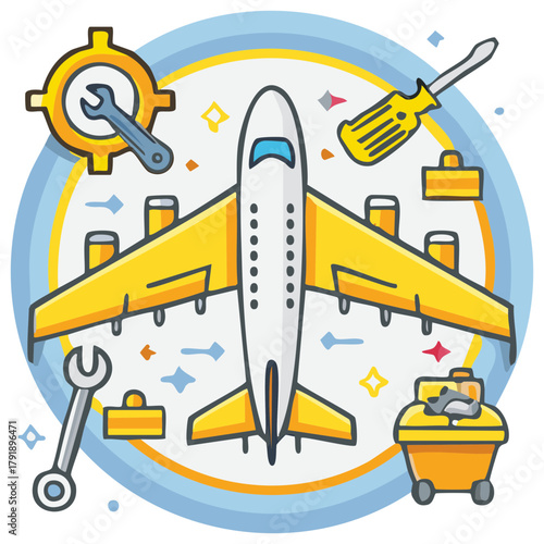 Airplane Maintenance Iconography Displaying Repair Tools for Aircraft Servicing and Inspection