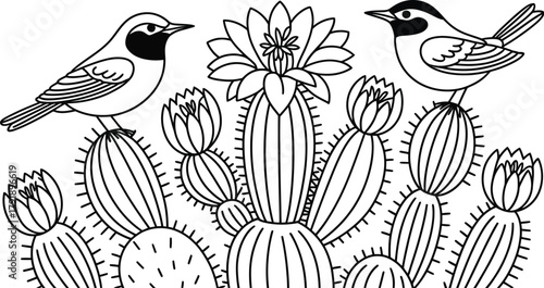 Two birds perch on a blooming cactus in a black and white illustration.