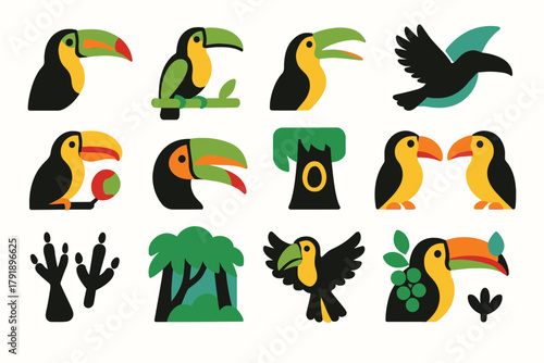 Keel billed Toucan and Tropical Nature Icons Collection
