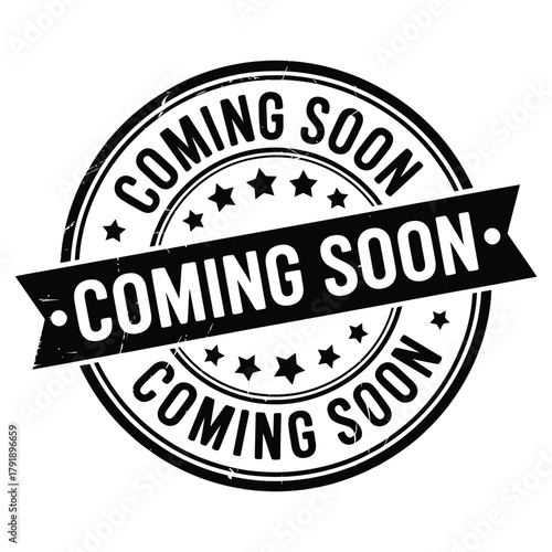 Coming soon stamp with stars and banner