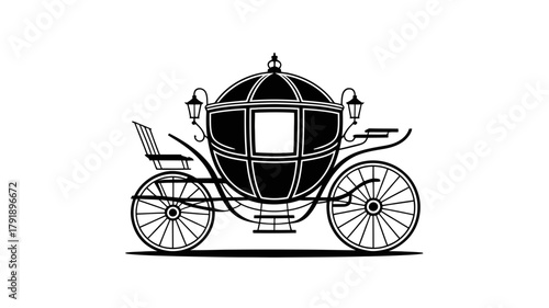A black carriage with ornate detailing is depicted against a white background.
