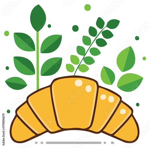 Stylized flat design illustration of a golden croissant with fresh green leaves for a bakery or cafe concept