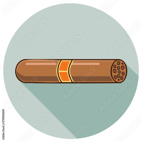 Detailed vector illustration of a classic brown cigar featuring an orange band and modern long shadow graphic