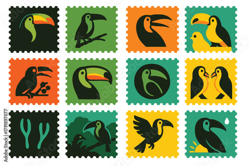 Keel Billed Toucan Stamp Icons Collection with Tropical Nature Designs