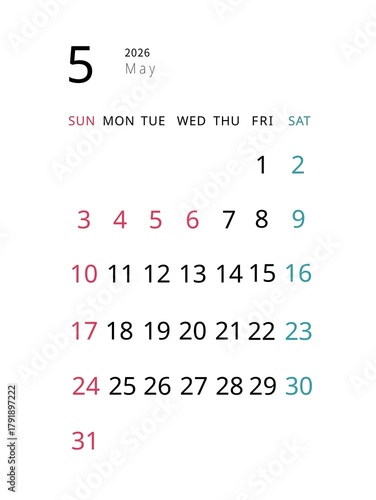Simple 2026 May Calendar, Tall