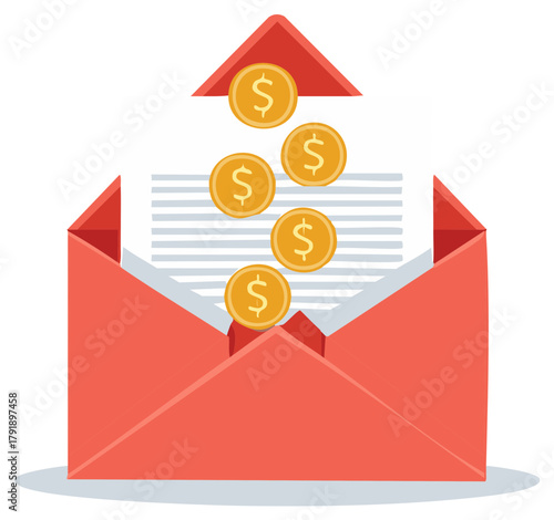 Red envelope with golden dollar coins falling into a document representing financial payment or income