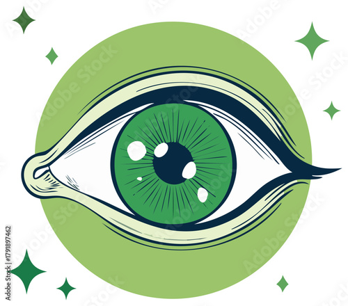 Green Eye Graphic with Stars Illustration on White Background