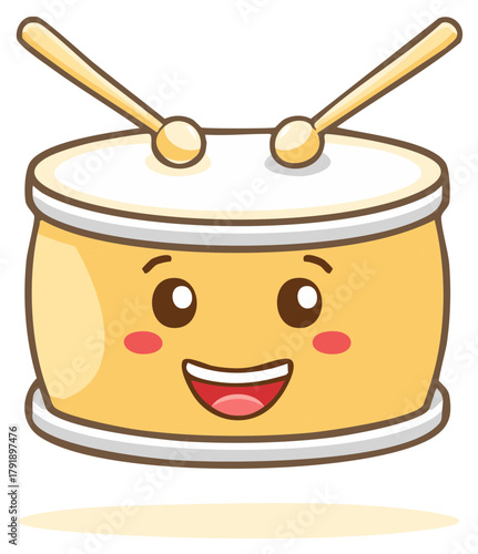 Cheerful yellow drum illustration featuring a kawaii smiling face and musical drumsticks