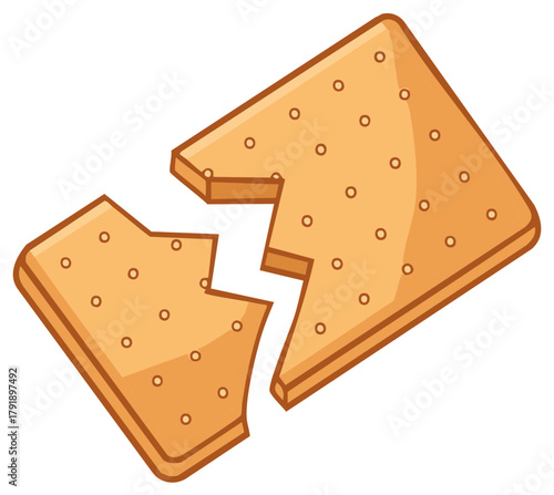 Broken crispy snack cracker in two distinct halves illustrating damage or separation concept