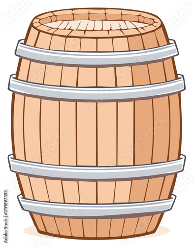 Cartoon style wooden barrel with metal bands a rustic storage container for various liquids and beverages