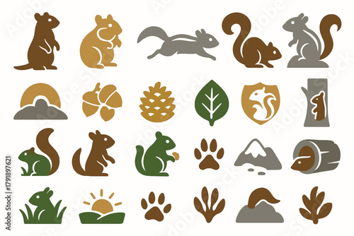 Least Chipmunk Wildlife Icon Set with Tracks and Nature Symbols