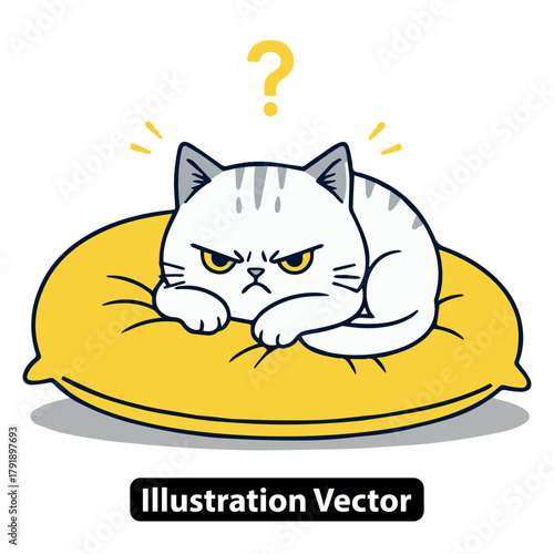An angry and confused cartoon cat with a question mark resting on a yellow pillow