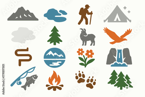Alpine Lakes Wilderness Adventure Icon Set with Wildlife and Nature Symbols