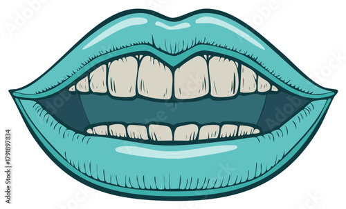 Graphic illustration of an open mouth with blue lips and white teeth