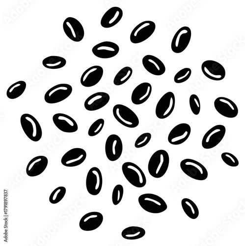 Scattered Black Coffee Beans Vector Graphic on White Background