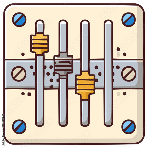 Control panel with four sliders and screws, digital illustration in cartoon style