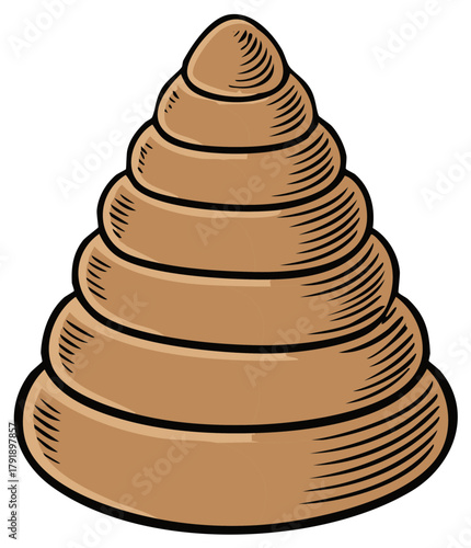 Stylized illustration of a stacked conical object with rounded rings and hatching