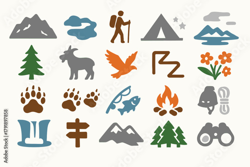 Alpine Lakes Wilderness Adventure Icon Set with Wildlife and Nature Symbols