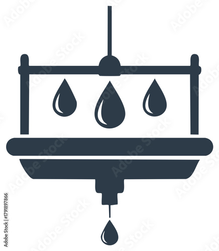 Industrial Liquid Dispenser with Three Spigots Dripping, Droplets Forming Abstract Symbol Representing Plumbing or Chemistry