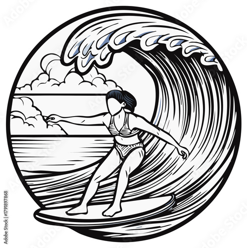 Woman surfing on a large wave in a circle, ocean sports, summer lifestyle, beach scene, active recreation