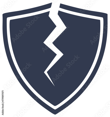 Cracked shield icon graphic, symbol of weakness, failure, or security breach in digital or physical forms.