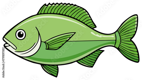 Animated green fish with dark outline swimming right in cartoon style illustration on a white background