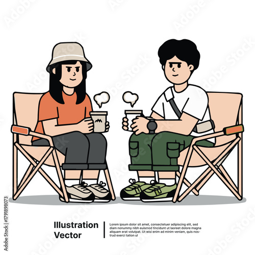Enjoying a cozy break with hot beverages in camping chairs, capturing friendship and relaxation