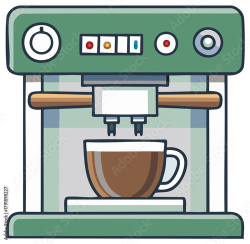 Modern green espresso machine brewing hot fresh coffee into a white cup, vector illustration artwork