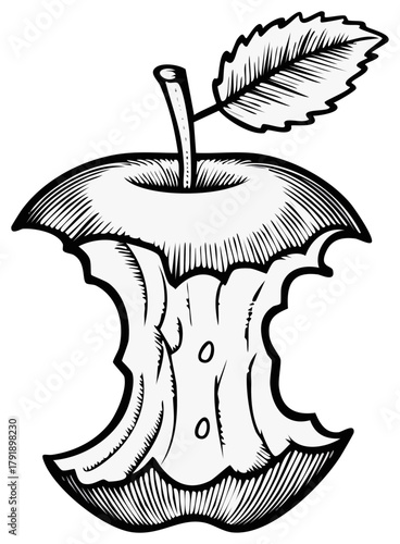 Apple Core Graphic Illustration with Leaf and Stem, Outline Food Icon