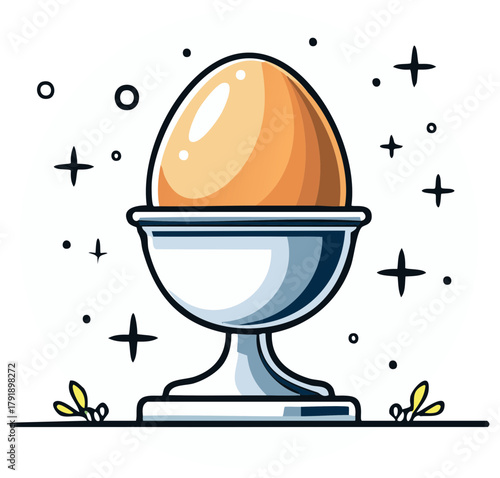 Stylized Illustration of a Boiled Egg in an Egg Cup with Decorative Elements