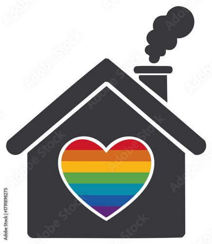 House silhouette with a rainbow heart, smoke rising, representing inclusivity and pride.