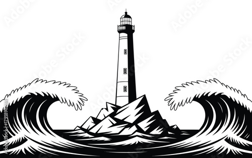 A tall lighthouse stands on a rocky island surrounded by large waves.