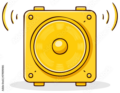 Bright yellow cartoon speaker playing loud music with sound wave vibrations