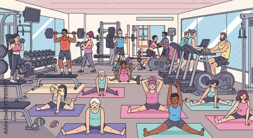 Diverse group exercising at the gym people lifting weights and doing yoga fitness center illustration