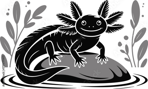 A black axolotl sits on a rock surrounded by plants and water.