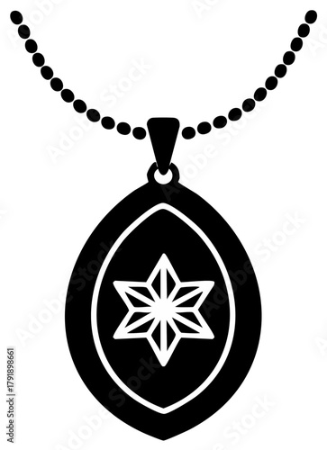 Ornate Oval Pendant with Star Motif Hanging from a Beaded Chain Depicting Jewelry or Ornamental Icon