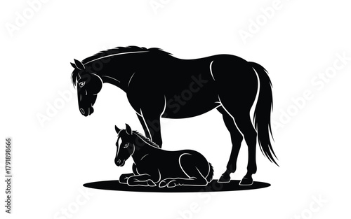 A black silhouette of a mare and her foal stand on a white background.