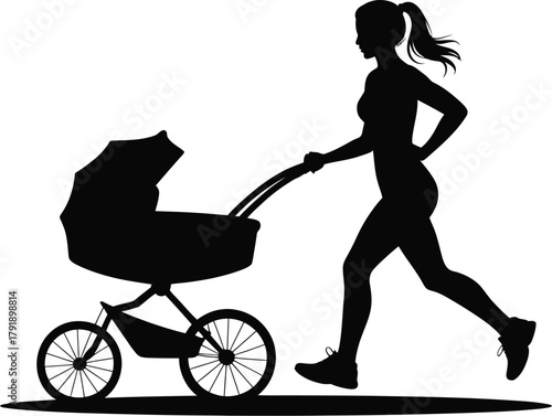 Silhouette of a woman jogging with a baby stroller