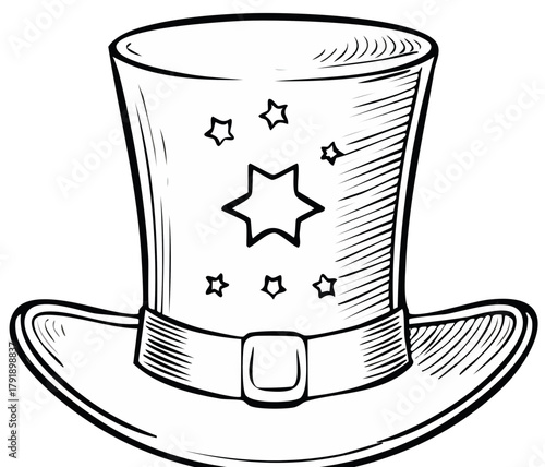 Black and white sketch of a patriotic top hat with stars and buckle