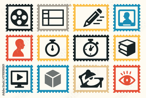 Film and Media Production Stamp Icons Set