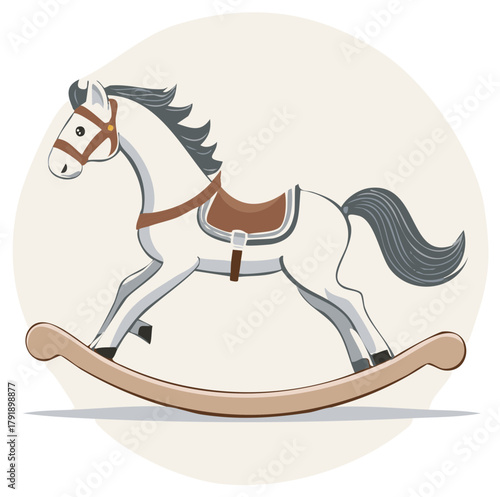 Illustration of a rocking horse children's toy, with a saddle and brown bridle.