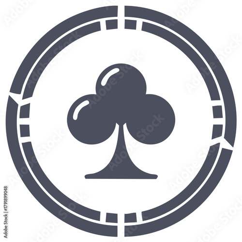 Flat design club suit playing card symbol inside a circular casino poker chip icon for gaming luck