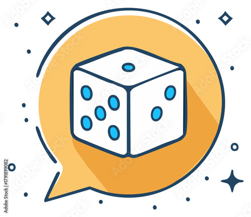 Hand Drawn Dice Icon in Orange Speech Bubble. Gambling Graphic. Board Game Chance. Lucky Number Illustration