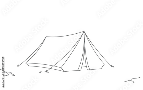 A simple canvas tent is pitched in an outdoor setting.