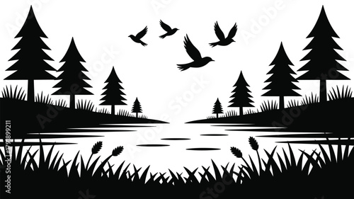 Silhouette of a tranquil lake scene with trees and birds in flight.