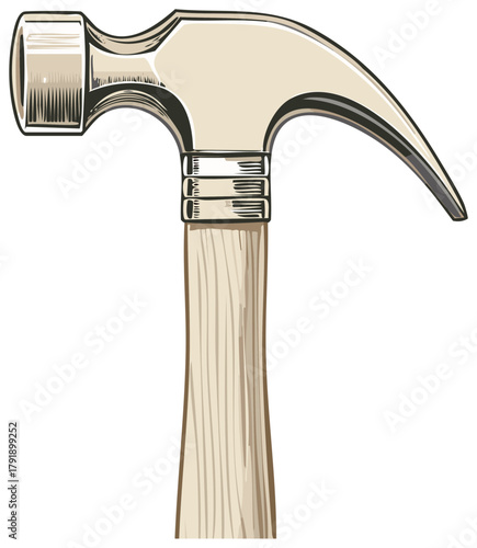 Vector Illustration of a Wooden Handled Hammer, Construction Tool, Hand Tool, Home Improvement