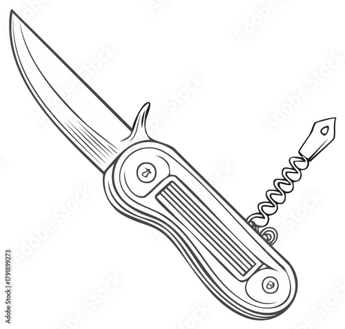 Line art of a multipurpose pocket knife with corkscrew, detailed illustration for stock images