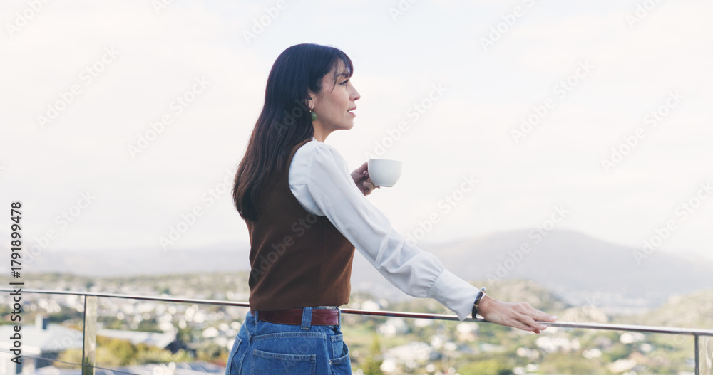 Obraz premium Woman, thinking and balcony with coffee for morning start, fresh air or view in neighborhood. Thoughtful, female person or drinking with cup, mug or caffeine beverage on terrace for vision on space